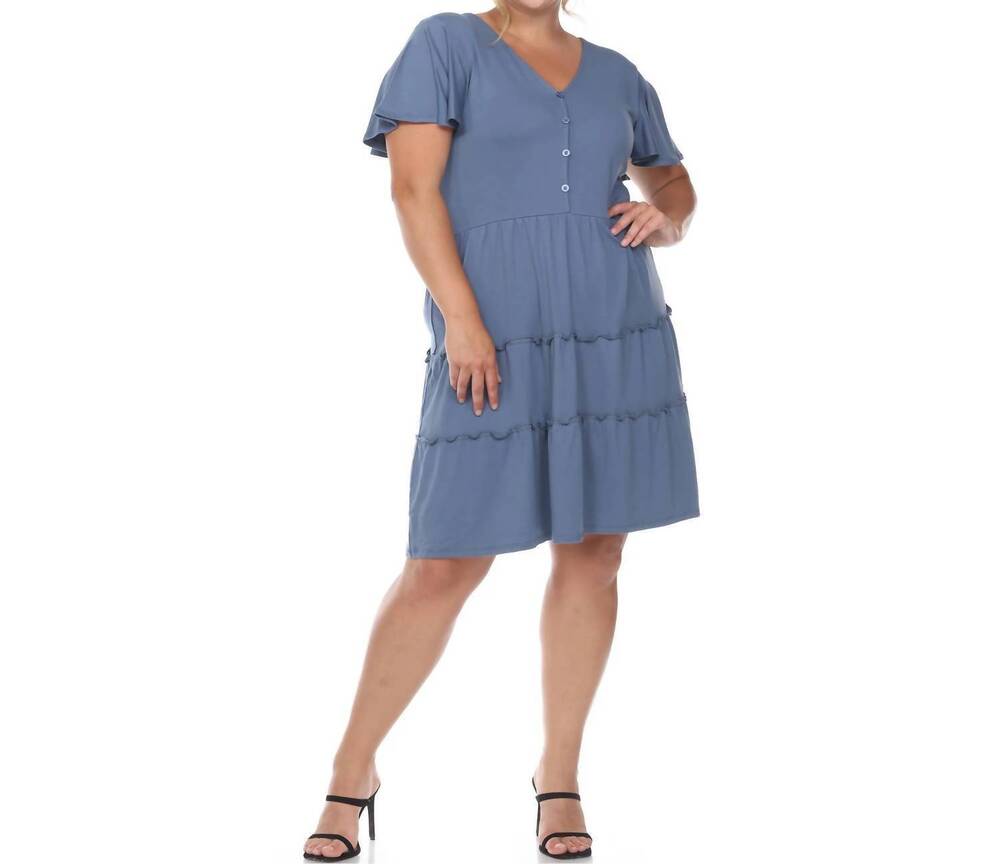 NEW WHITE MARK women's short sleeve v-neck tiered midi dress - plus in blue